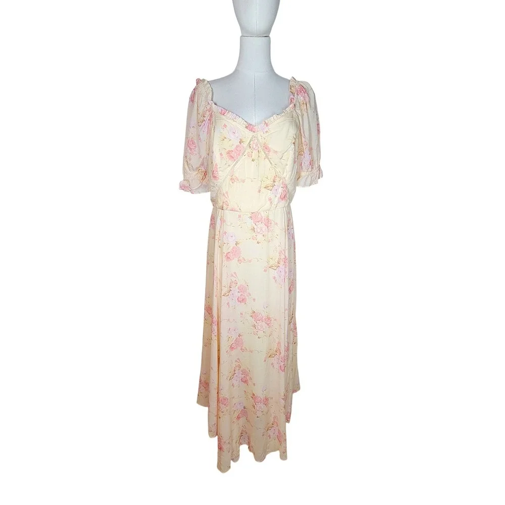 Ivy City Cassidy Yellow Floral Midi Dress L Cottagecore Romantic Kentucky Derby - Picture 2 of 8